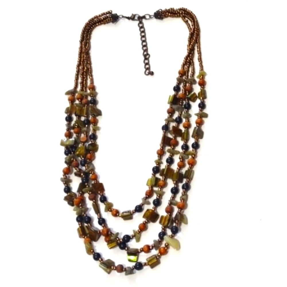 VINTAGE MULTI-COLORED MULTI-STRAND SHELL & STONE CHIPS BEADED 19-22" NECKLACE